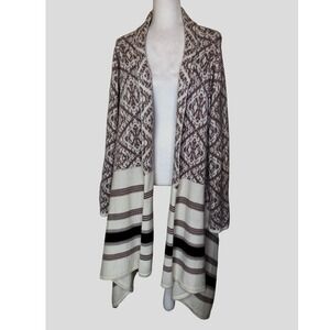 Old Navy XL‎ Duster Cardigan Sweater Taupe White Patterned Striped Open Front